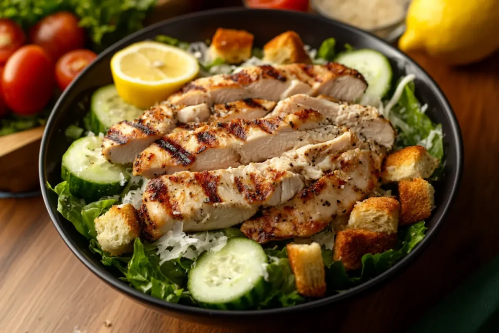 Grilled chicken Caesar salad with fresh cucumbers, croutons, and lemon slices, served on a bed of romaine lettuce